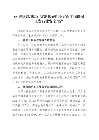 xx应急管理局：突出抓好四个方面工作确保工贸行业安全生产