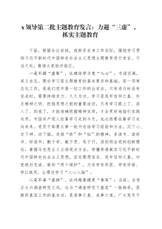 X领导第二批主题教育发言：力避“三虚”，抓实主题教育