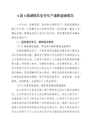 x县x镇副镇长安全生产述职述廉报告