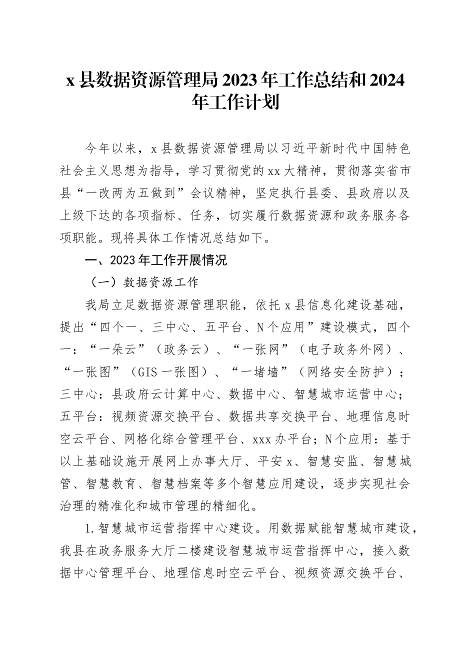 X县数据资源管理局2023年工作总结和2024年工作计划_第1页