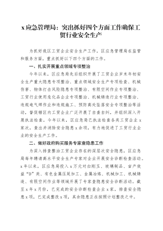 x应急管理局：突出抓好四个方面工作确保工贸行业安全生产