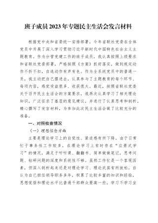 班子成员2023年专题民主生活会发言材料六个方面20231227