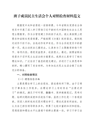 班子成员民主生活会个人对照检查材料20231106