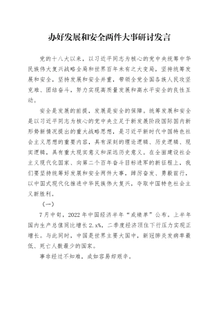 办好发展和安全两件大事研讨发言