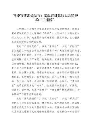 常委宣传部长发言：架起宣讲党的大会精神的“三座桥”
