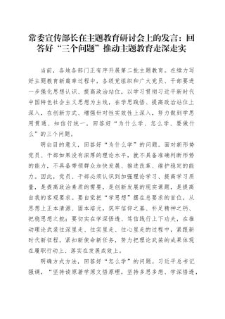 常委宣传部长在主题教育研讨会上的发言：回答好“三个问题”+推动主题教育走深走实