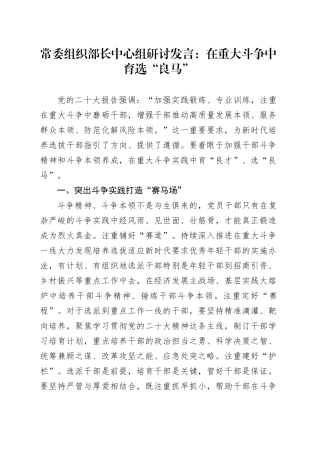 常委组织部长中心组研讨发言：在重大斗争中育选“良马”