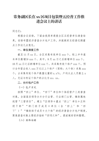 常务副区长在xx区项目包装暨五经普工作推进会议上的讲话