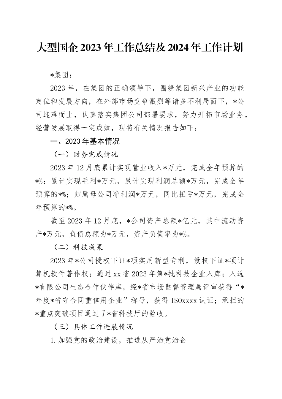大型国企2023年工作总结及2024年工作计划_第1页