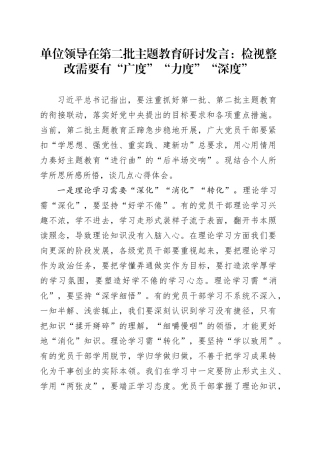 单位领导在第二批主题教育研讨发言：检视整改需要有“广度”“力度”“深度”