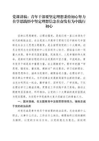 党课讲稿：青年干部要坚定理想秉持初心  努力在学思践悟中坚定理想信念  在奋发有为中践行初心