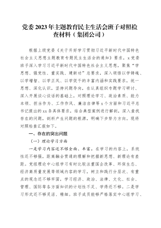 党委2023年主题教育民主生活会班子对照检查材料（集团公司）