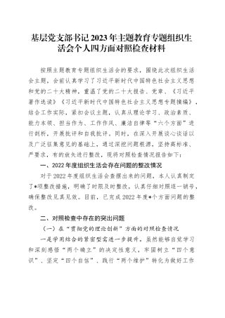 基层党支部书记2023年主题教育专题组织生活会个人四方面对照检查材料