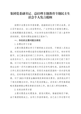 集团党委副书记、总经理主题教育专题民主生活会个人发言提纲