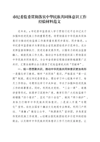纪监委贯彻落实民族共同体意识工作经验材料总结汇报报告231108