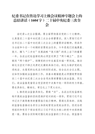 纪委书记在传达学习上级会议精神专题会上的总结讲话（纪委三次全会）
