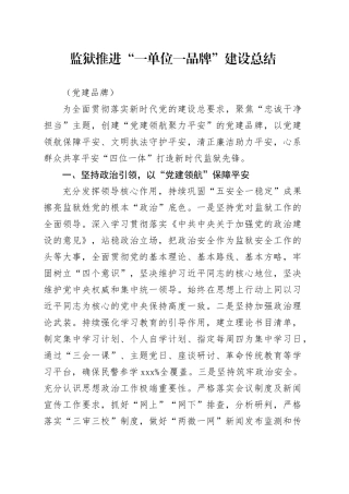 监狱推进“一单位一品牌”建设总结（党建品牌）