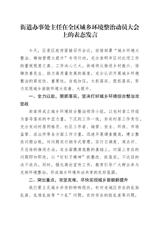 街道办事处主任在全区城乡环境整治动员大会上的表态发言(1)