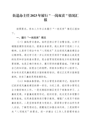 街道办主任2023年履行＂一岗双责＂情况汇报