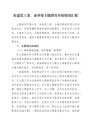 街道党工委、办事处主题教育开展情况汇报