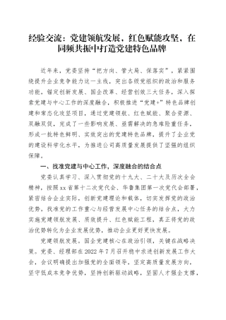 经验交流：党建领航发展， 红色赋能攻坚， 在同频共振中打造党建特色品牌