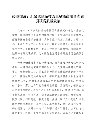 经验交流：汇聚党建品牌力量赋能高质量党建引领高质量发展