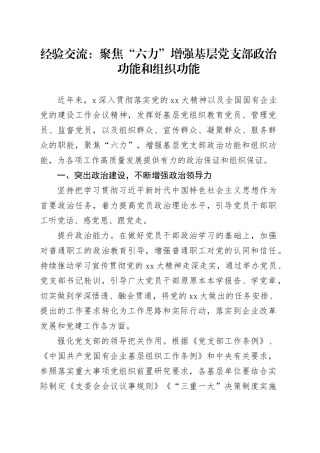 经验交流：聚焦“六力”增强基层党支部政治功能和组织功能