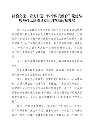 经验交流：着力打造“四个深度融合”党建品牌 坚持以高质量党建引领高质量发展