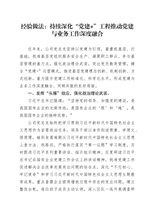 经验做法：持续深化“党建+”工程推动党建与业务工作深度融合