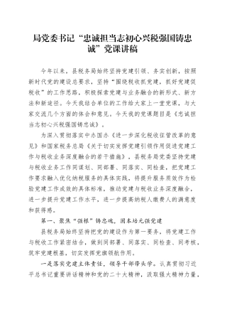 局党委书记“忠诚担当志初心 兴税强国铸忠诚”党课讲稿