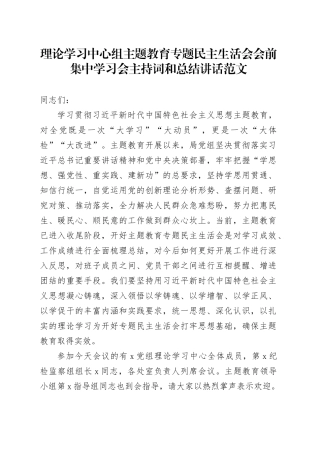 理论学习中心组主题教育专题民主生活会会前集中学习会主持词和总结讲话六个方面20231229