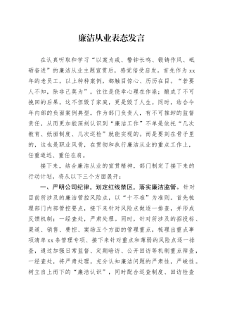 廉洁从业表态发言