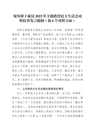 领导班子成员2023年主题教育民主生活会对照检查发言提纲（新6个对照方面）20240122