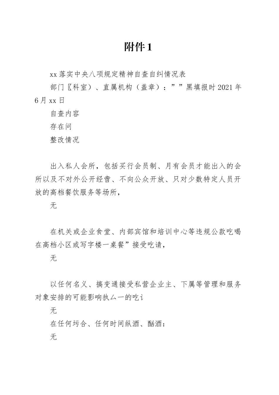 落实中央八项规定精神自查自纠情况表_第1页