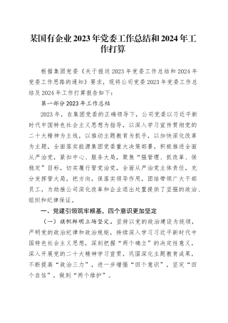 某国有企业2023年党委工作总结和2024年工作打算
