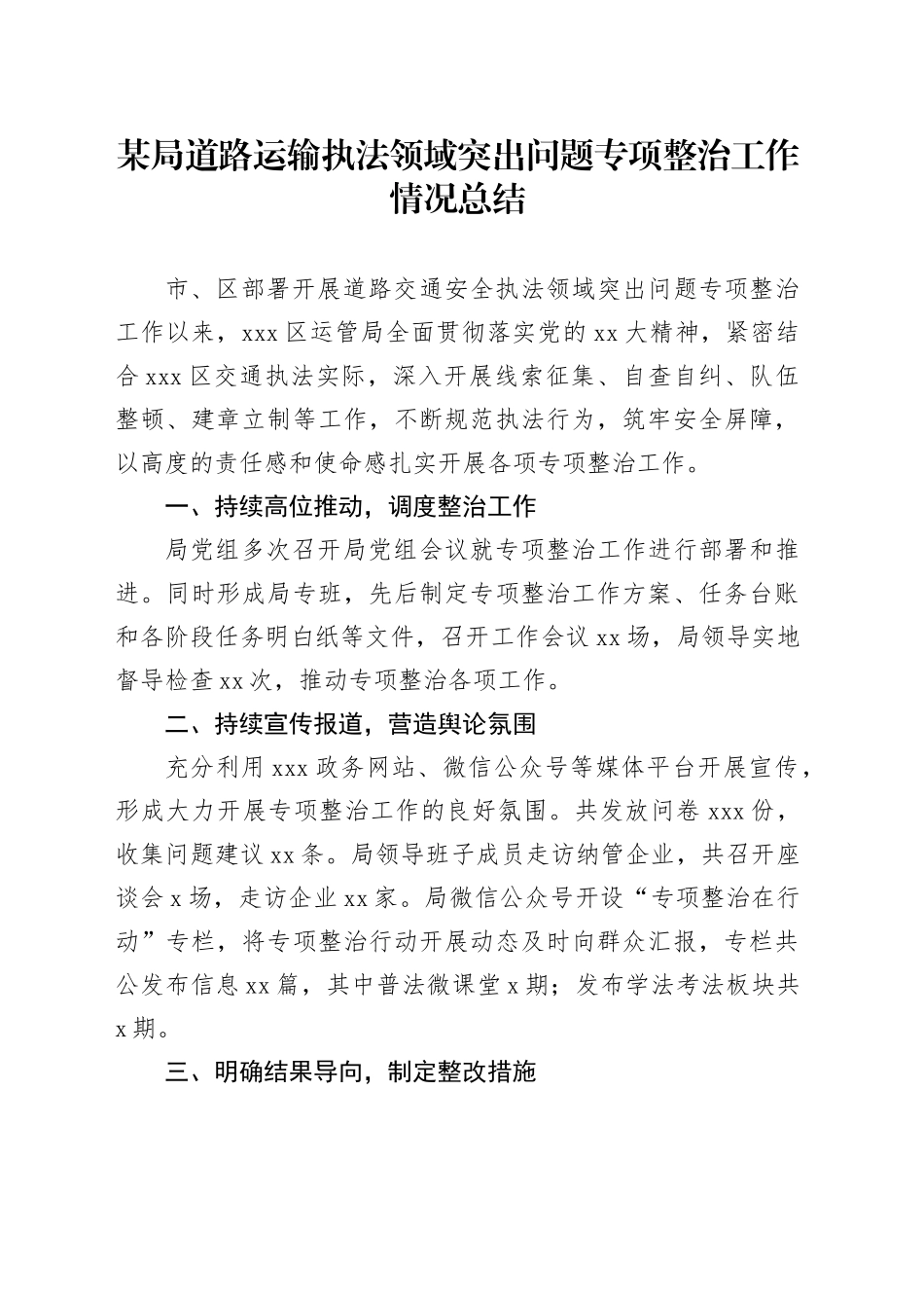 某局道路运输执法领域突出问题专项整治工作情况总结_第1页