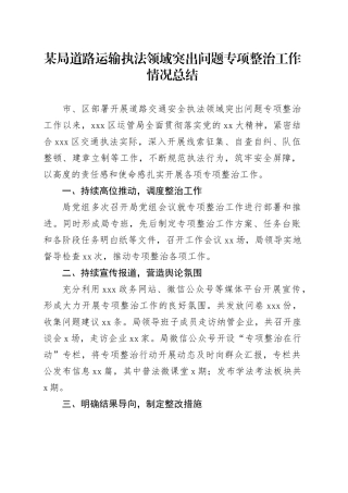 某局道路运输执法领域突出问题专项整治工作情况总结