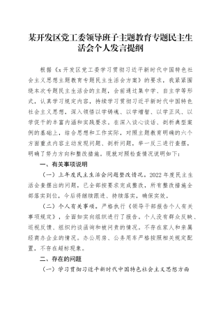 某开发区党工委领导班子主题教育专题民主生活会个人发言提纲