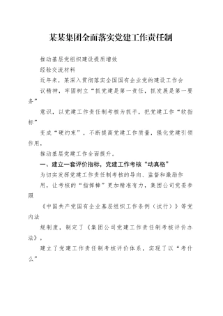 某某集团全面落实党建工作责任制推动基层党组织建设提质增效经验交流材料