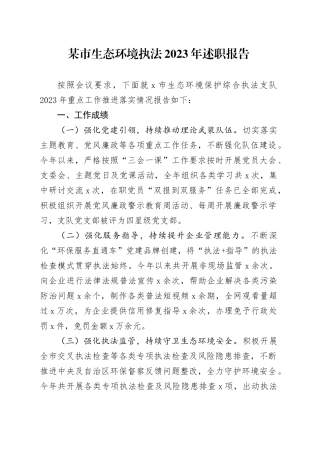 某市生态环境执法2023年述职报告