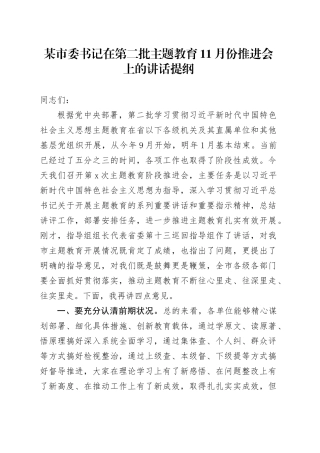 某市委书记在第二批主题教育11月份推进会上的讲话提纲