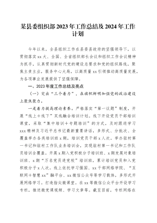 某县委组织部2023年工作总结及2024年工作计划