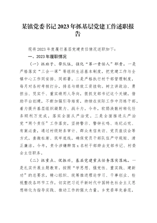 某镇党委书记2023年抓基层党建工作述职报告