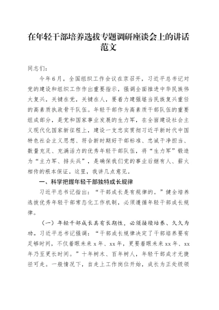 年轻干部培养选拔调研座谈会讲话青年