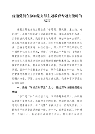普通党员在参加党支部主题教育专题交流时的发言