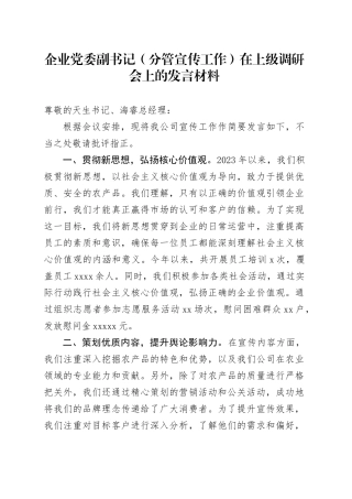 企业党委副书记（分管宣传工作）在上级调研会上的发言材料