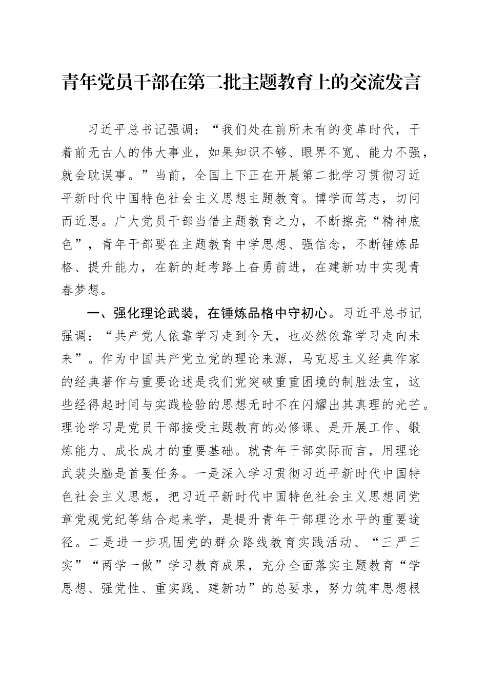 青年党员干部在第二批主题教育上的交流发言_第1页