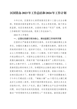 区国资办2023年工作总结和2024年工作计划