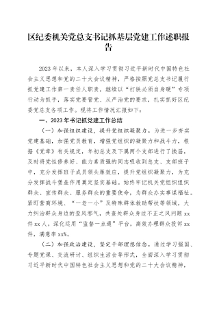 区纪委机关党总支书记抓基层党建工作述职报告