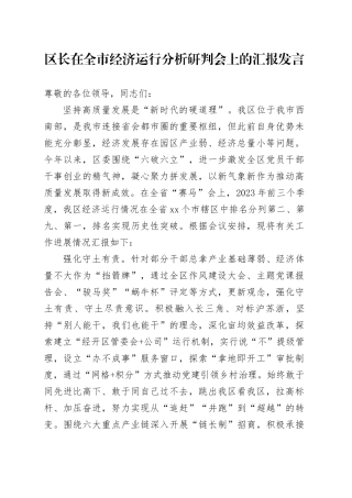区长在全市经济运行分析研判会上的汇报发言